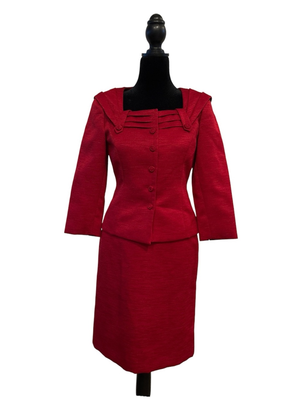 Tahari - Classic Red Midi Skirt Suit with Structured Jacket